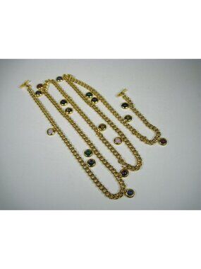 Semi Precious Multi-Gem Cabochon Gold Tone Chain Belt Tie Necklace 47 inch